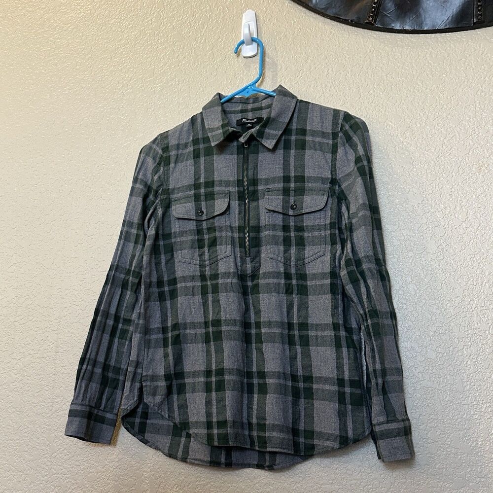 Madewell Women's Flannel Zip-Front Popover Shirt Gray/Green Plaid Size XSMALL